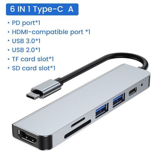 USB 3.0 Hubs 6 In 1 Type C Hub Type-C To HDMI Dual USB3.0x2 PD Type C ,TF SD Charging Port Adapter Cable Converter For Laptopbook(Silver)
